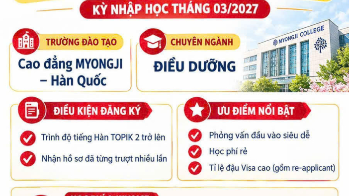 DU HỌC HÀN QUỐC D-2-1 – TUYỂN SINH NGÀNH ĐIỀU DƯỠNG CAO ĐẲNG MYONGJI